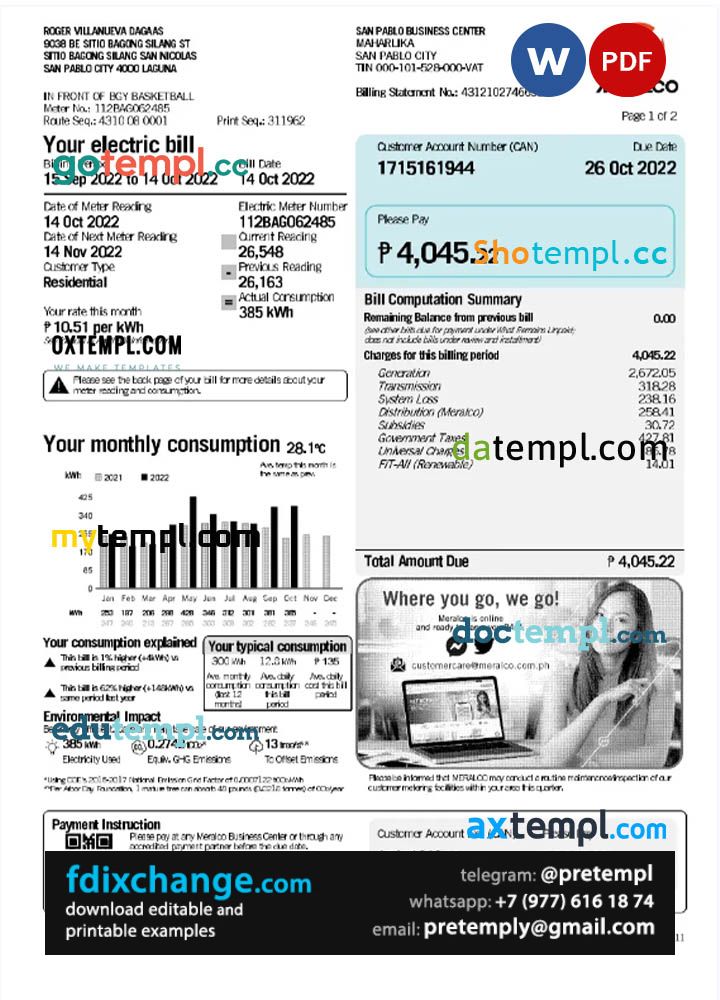 download Philippines Meralco utility bill template free fonts