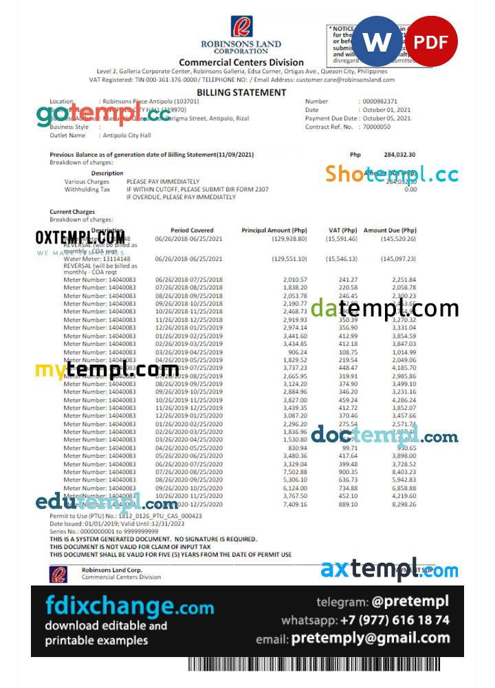 download Philippines Robinson Land Corporation utility bill template free fonts