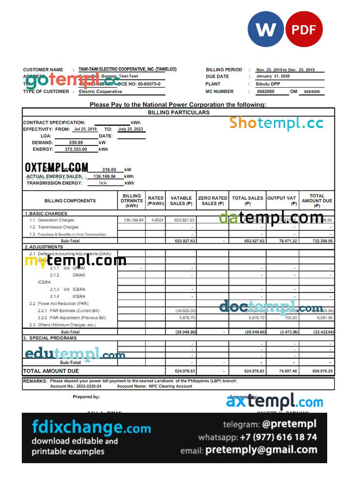 download Philippines Tawelco utility bill template free fonts