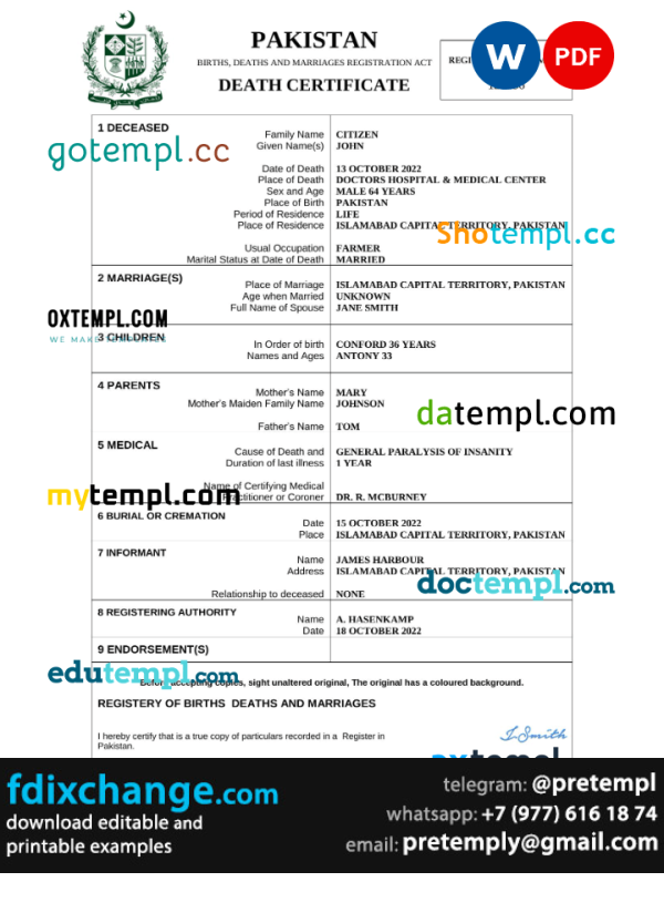 download Pakistan death certificate template free fonts, completely editable