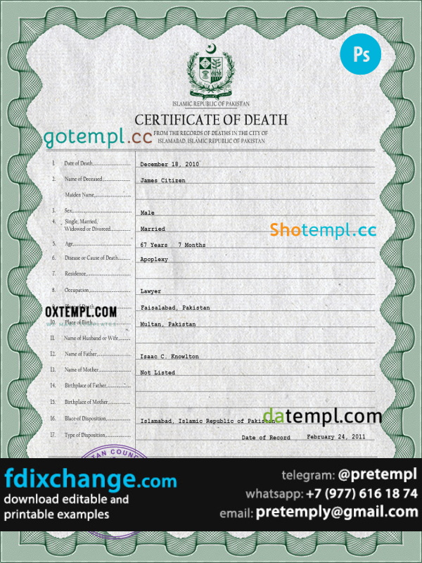 download Pakistan vital record death certificate template free fonts