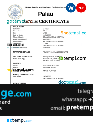 download Palau vital record death certificate template free fonts