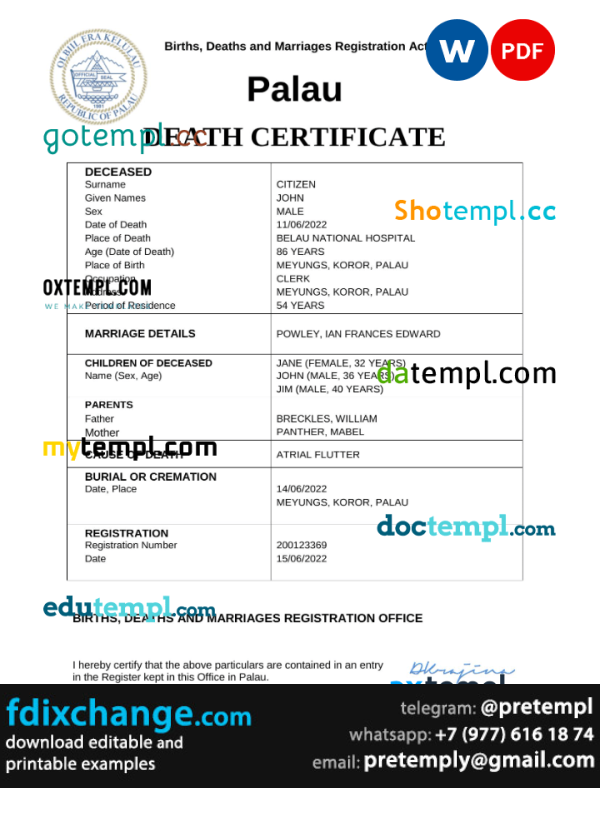 download Palau vital record death certificate template free fonts