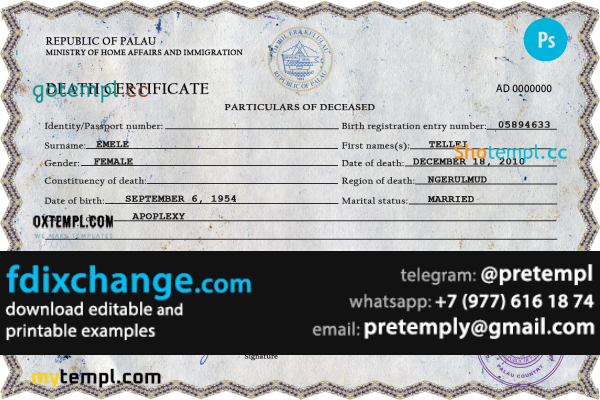 download Palau death certificate template free fonts, completely editable
