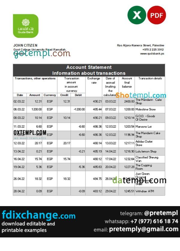 download Palestine Quds bank statement template free fonts