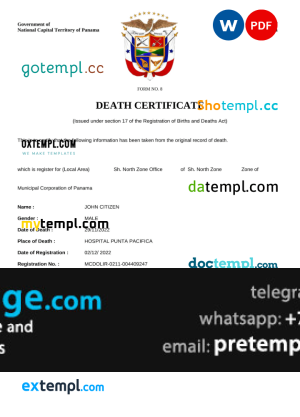 download Panama death certificate template free fonts, completely editable