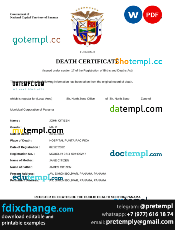 download Panama death certificate template free fonts, completely editable