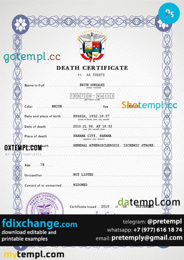 download Panama vital record death certificate template free fonts