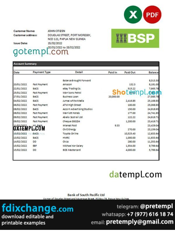 download Papua New Guinea BSP bank statement template free fonts
