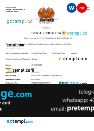download Papua New Guinea vital record death certificate template free fonts