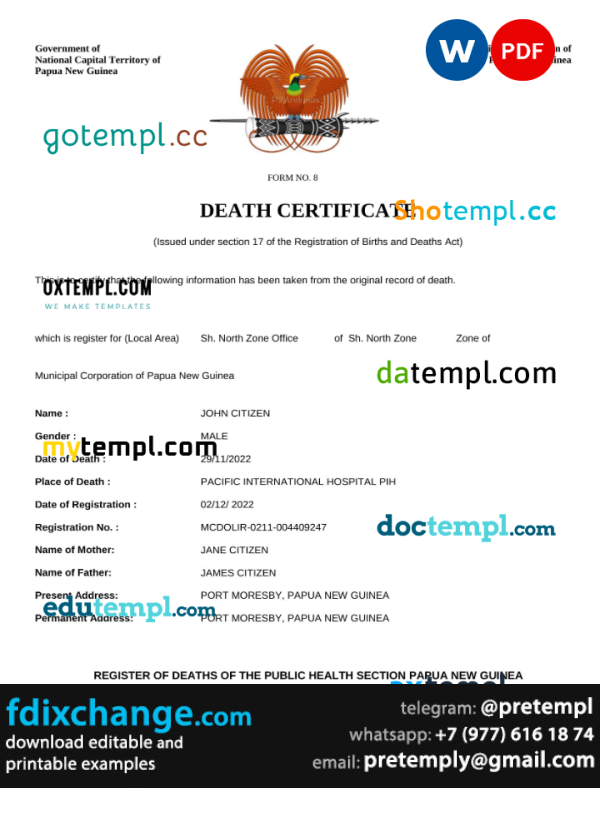 download Papua New Guinea vital record death certificate template free fonts