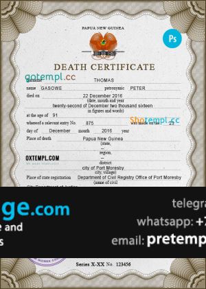download Papua New Guinea death certificate template free fonts, completely editable