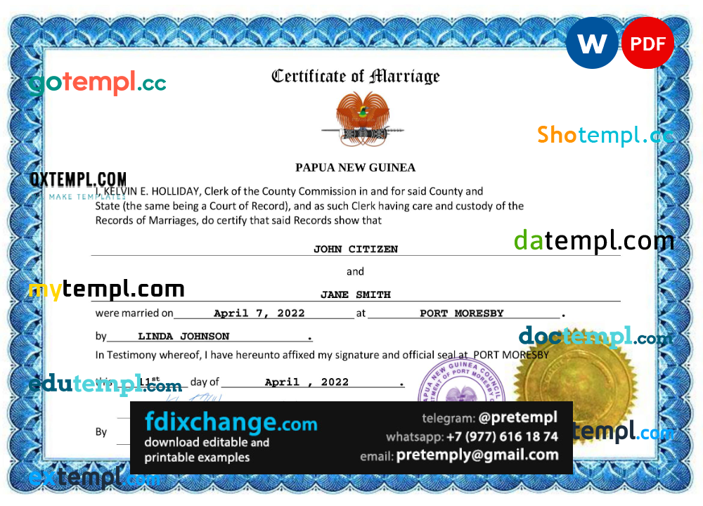 download Papua New Guinea marriage certificate template free fonts, fully editable