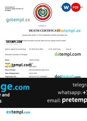 download Paraguay death certificate template free fonts, completely editable