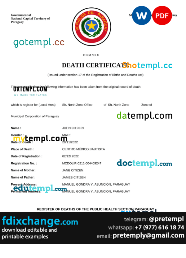download Paraguay death certificate template free fonts, completely editable