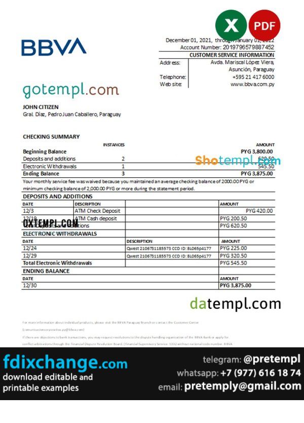download Paraguay BBVA bank statement template free fonts