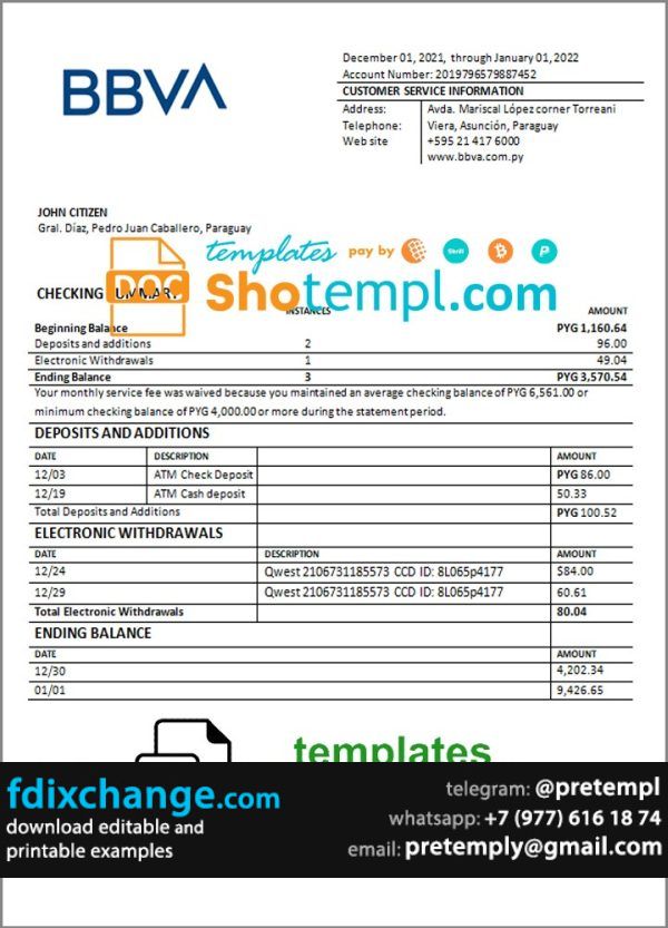 download Paraguay BBVA bank statement template free fonts