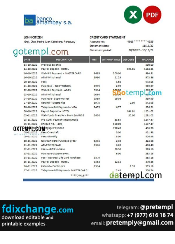 download Paraguay Banco Amambay bank statement template free fonts