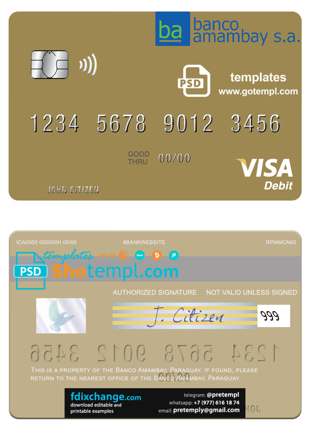 download Paraguay Banco Amambay visa debit card template free fonts, fully editable