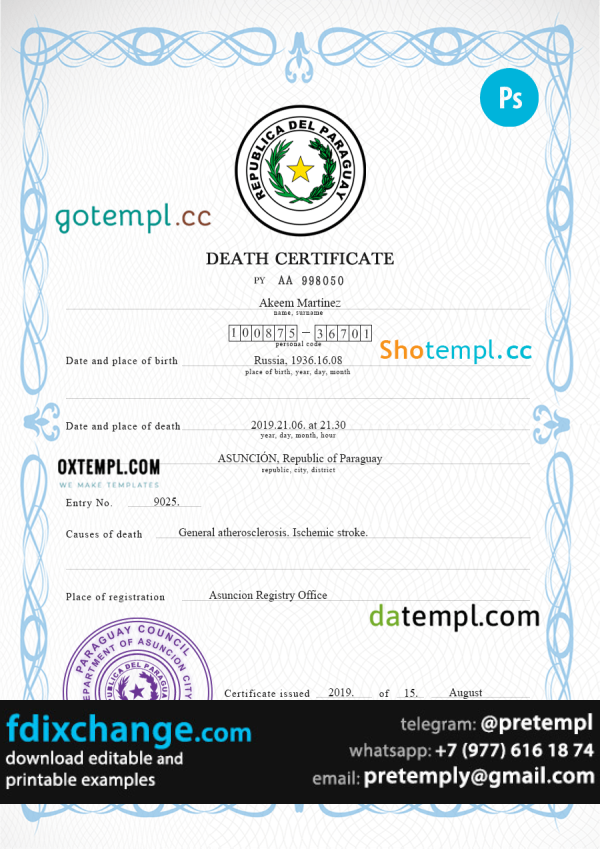 download Paraguay vital record death certificate template free fonts