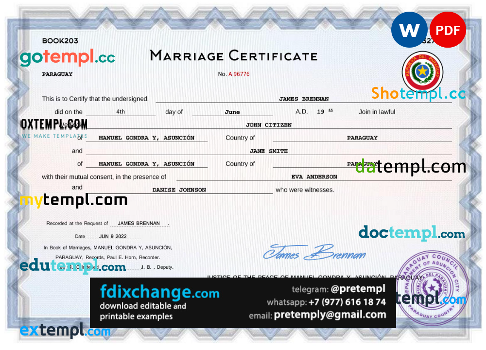 download Paraguay marriage certificate template free fonts, completely editable