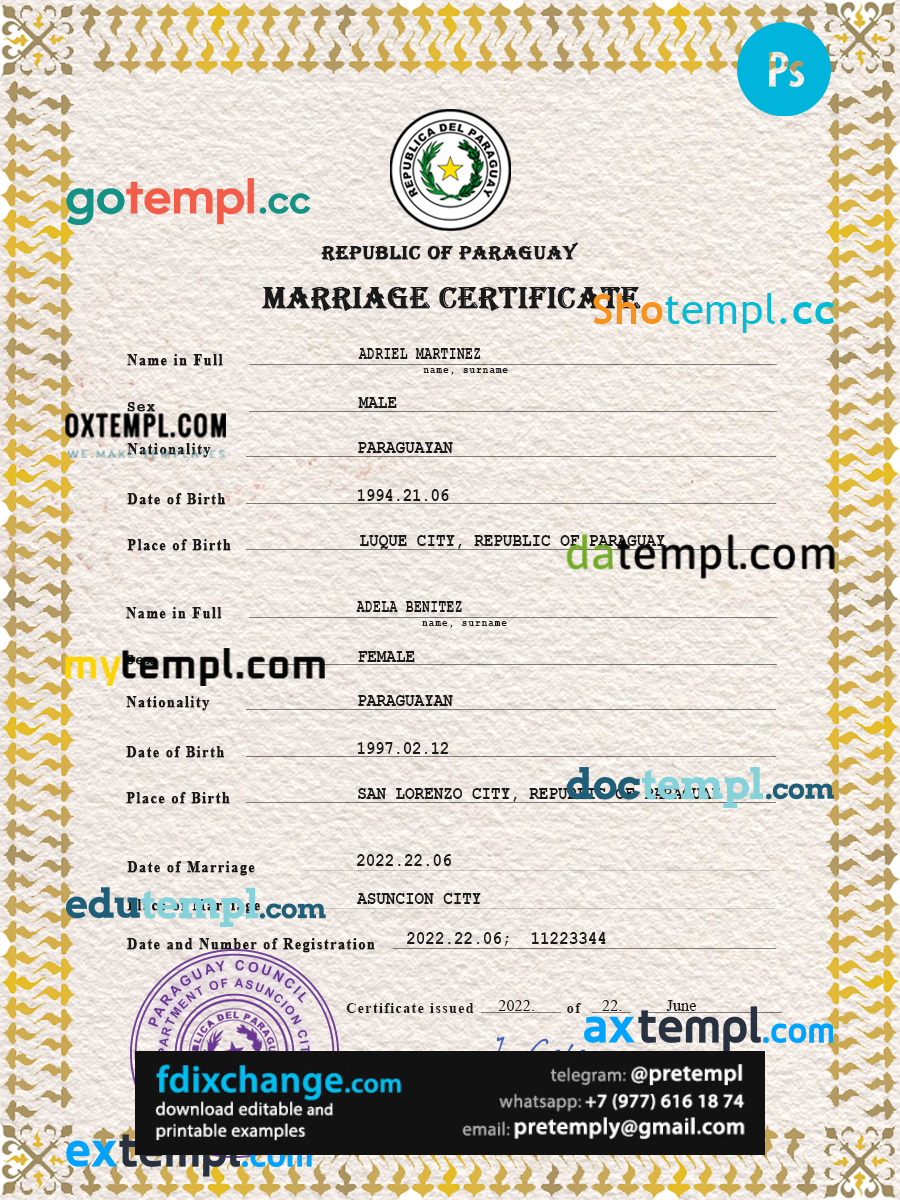 download Paraguay marriage certificate template free fonts, completely editable