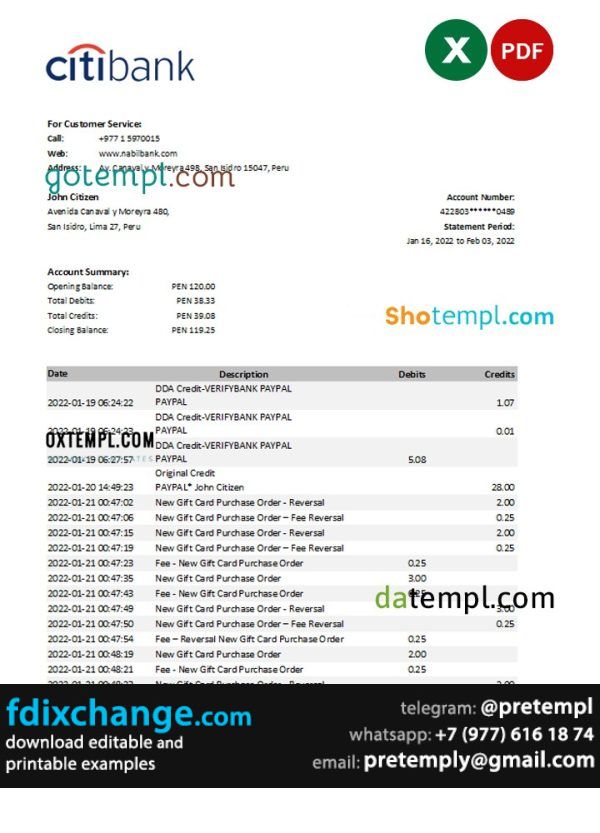 download Peru Citibank bank statement template free fonts