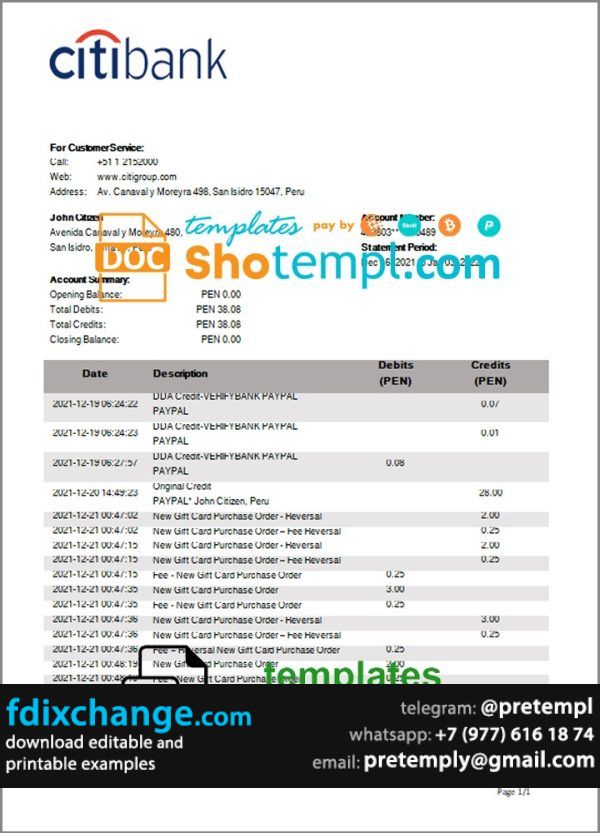 download Peru Citibank bank statement template free fonts