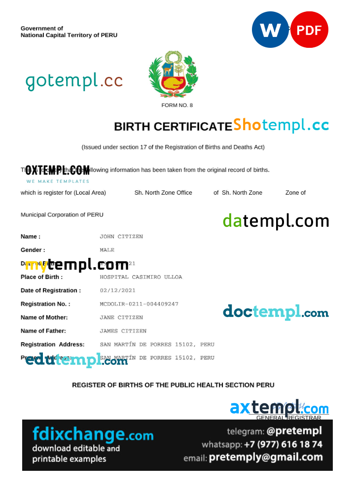 download Peru birth certificate template free fonts, completely editable