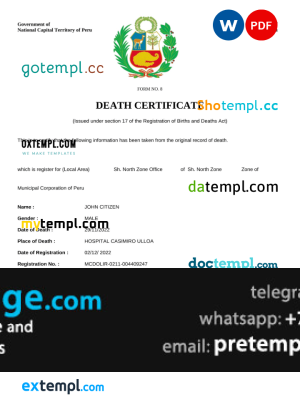 download Peru vital record death certificate template free fonts