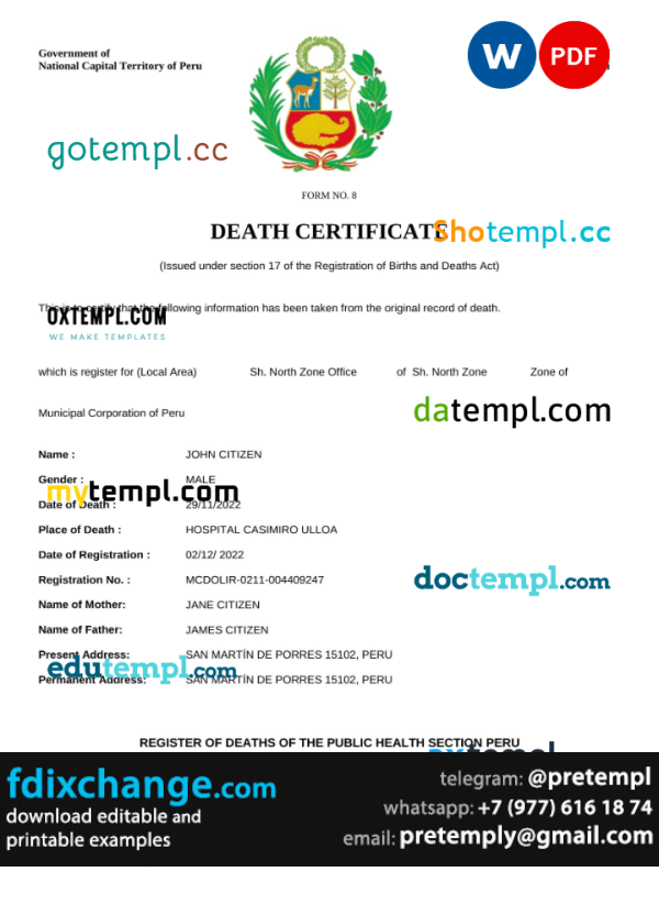download Peru vital record death certificate template free fonts