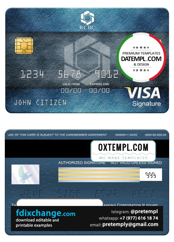 download Philippines Rizal Commercial Banking Corporation (RCBC) visa signature card, fully editable template free fonts