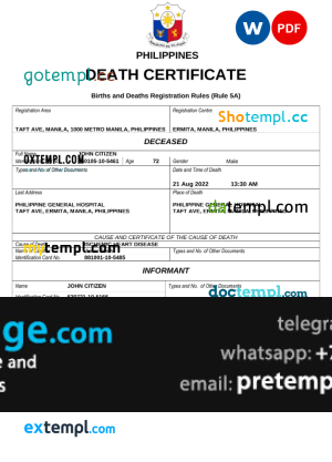 download Philippines vital record death certificate template free fonts