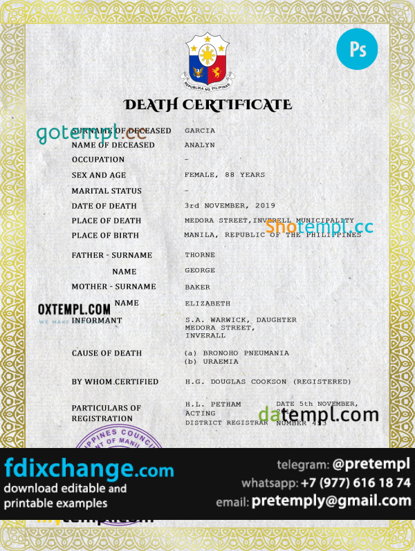 download Philippines vital record death certificate template free fonts, completely editable