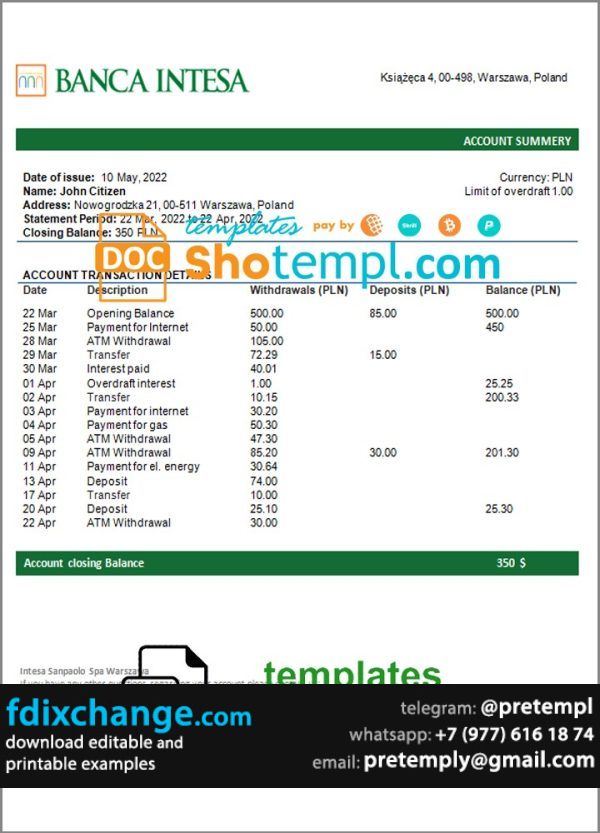 download Poland Banca Intesa bank statement template free fonts