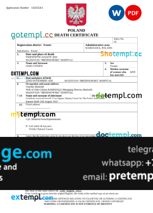 download Poland death certificate template free fonts, completely editable