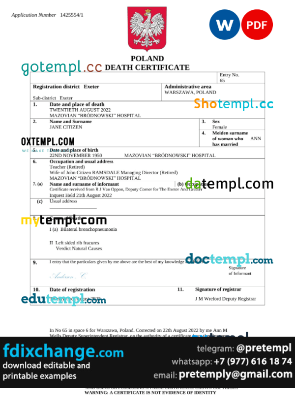 download Poland death certificate template free fonts, completely editable