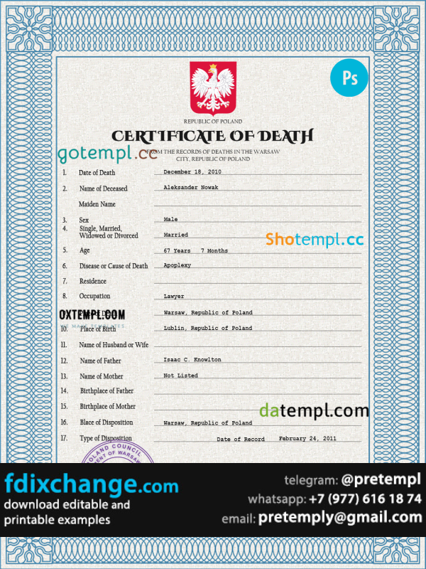 download Poland vital record death certificate template free fonts