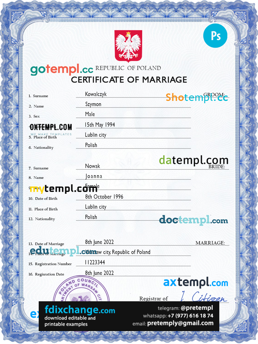 download Poland marriage certificate template free fonts, completely editable
