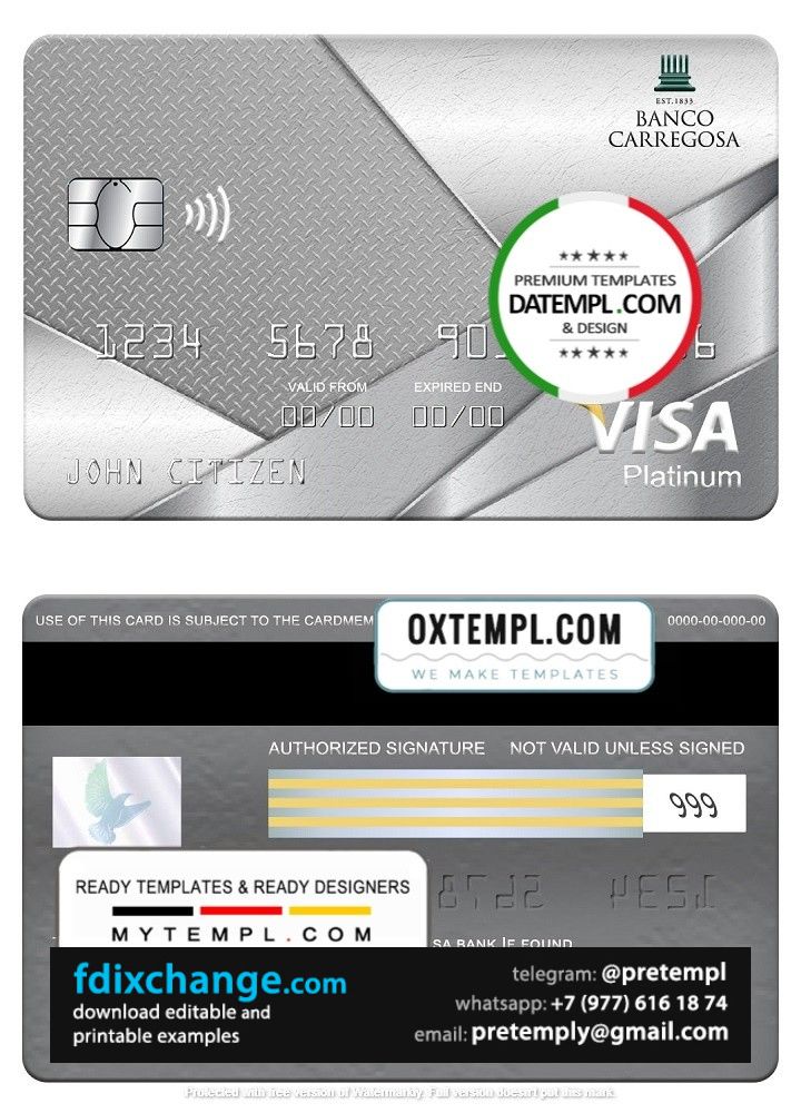 download Portugal Banco Carregosa bank visa platinum card, fully editable template free fonts