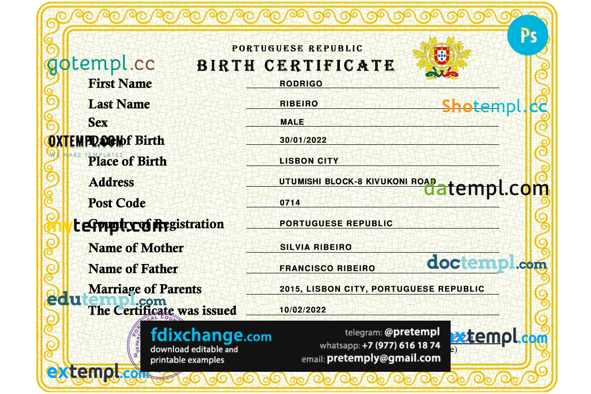 download Portugal vital record birth certificate template free fonts