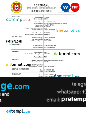 download Portugal death certificate template free fonts, completely editable