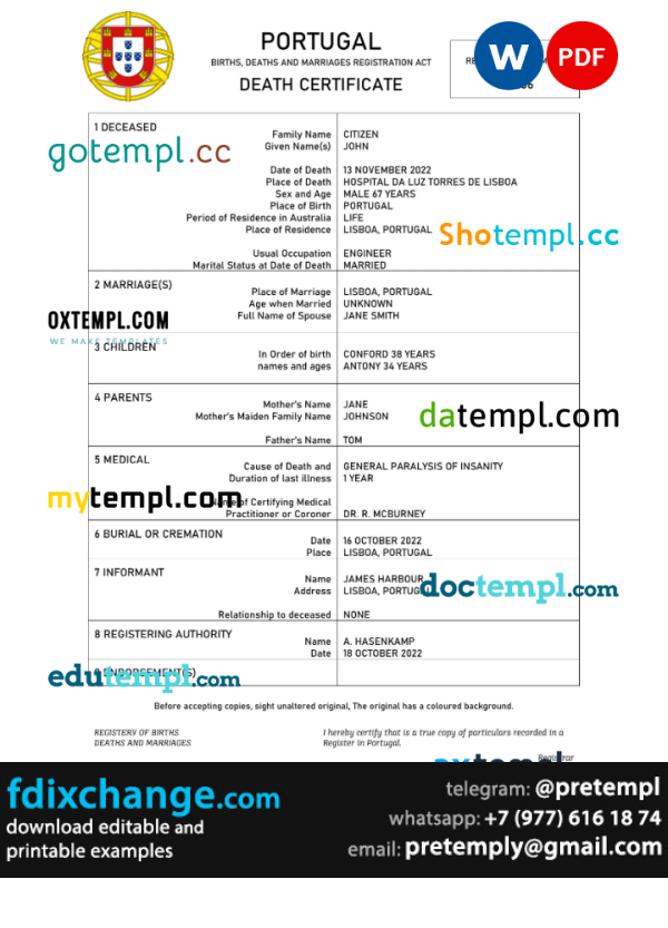 download Portugal death certificate template free fonts, completely editable
