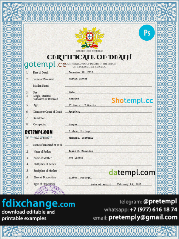 download Portugal death certificate template free fonts, completely editable