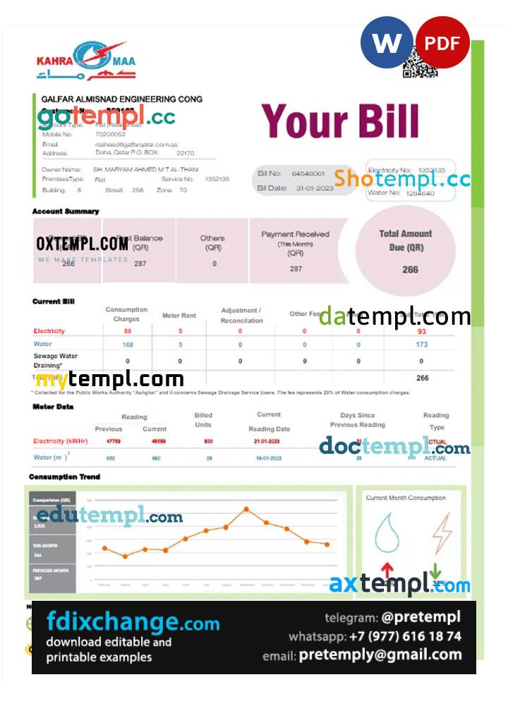 download Qatar Kahra Maa utility bill template free fonts, 2 pages demo