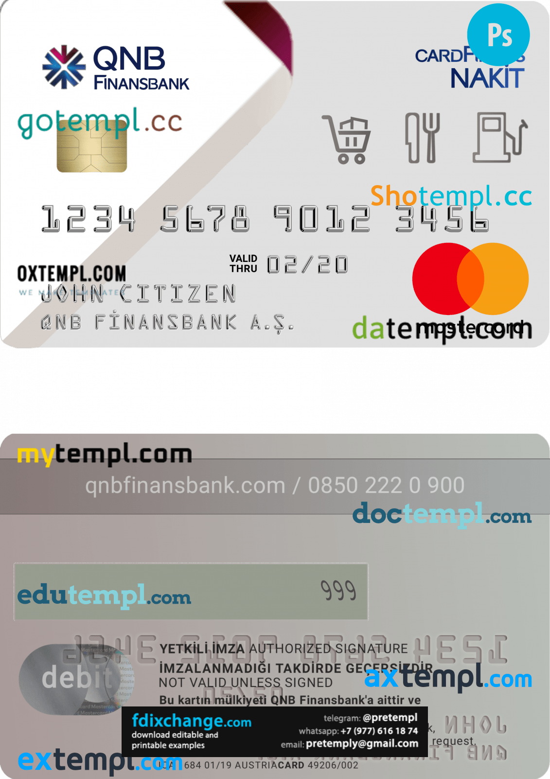 download Turkey QNB Finansbank PSD credit card template free fonts, completely editable