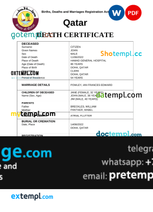 download Qatar vital record death certificate template free fonts