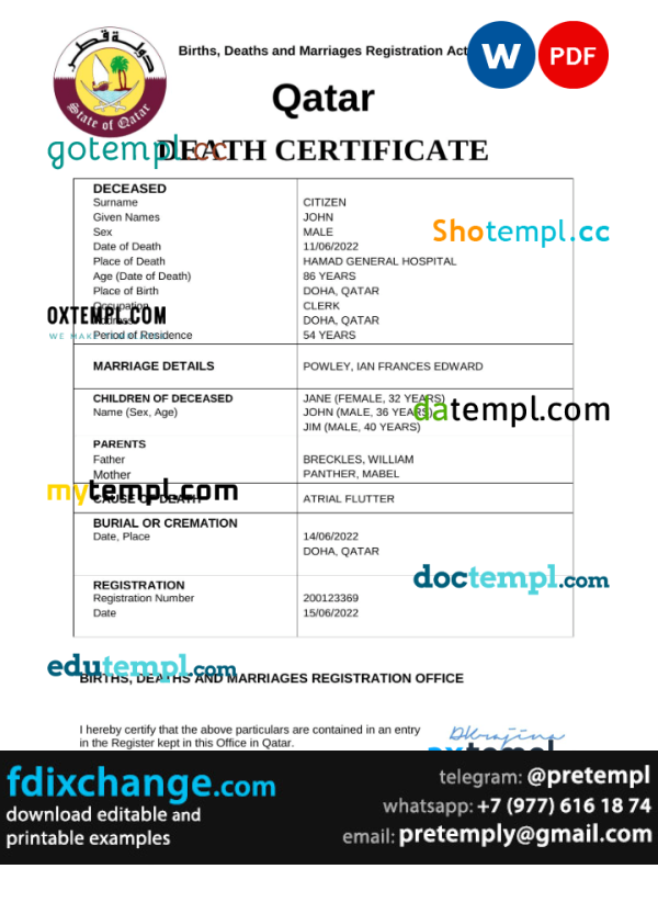 download Qatar vital record death certificate template free fonts