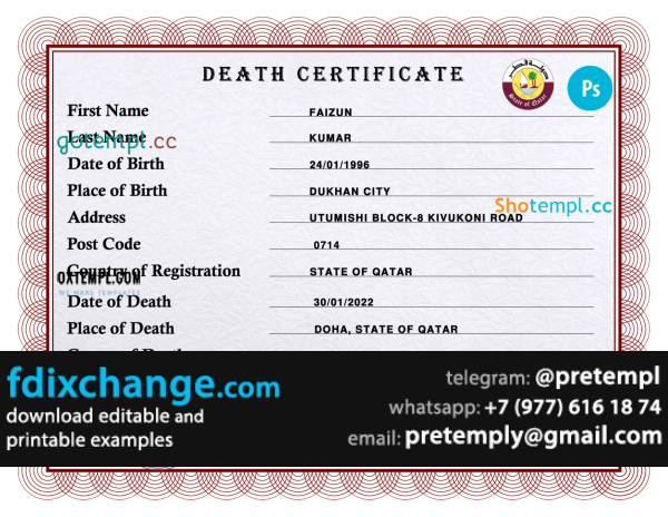 download Qatar vital record death certificate template free fonts