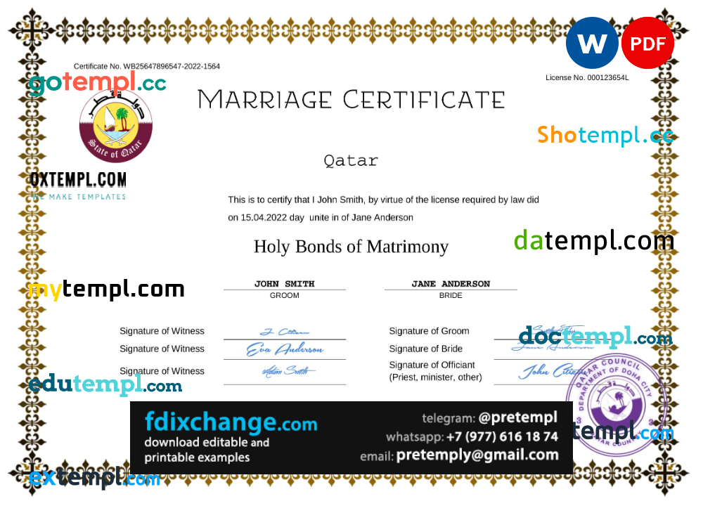 download Qatar marriage certificate template free fonts, fully editable